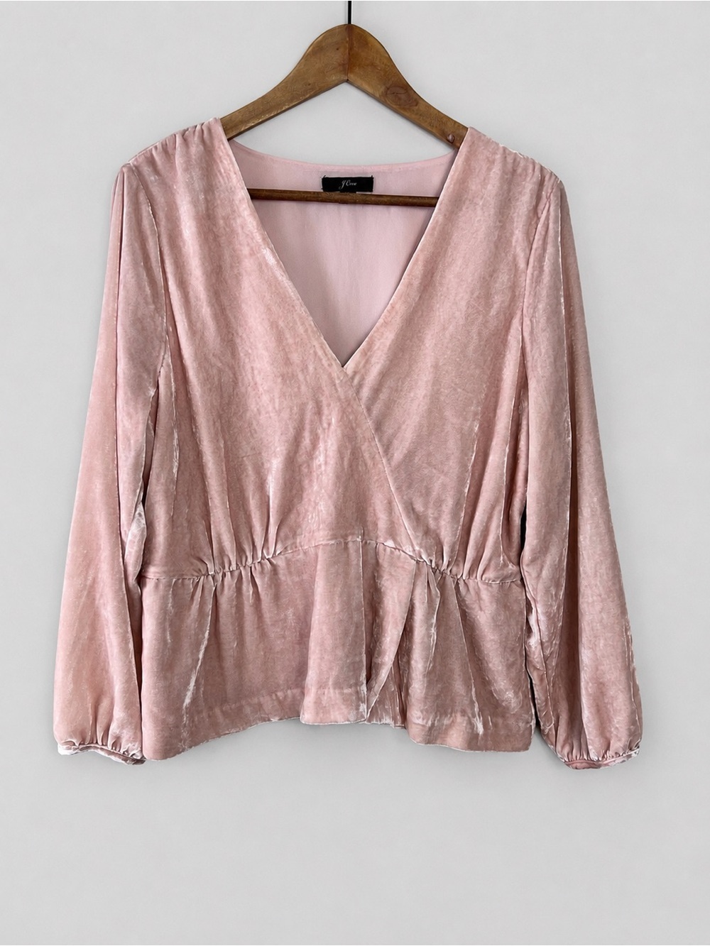 J Crew Blush Pink Velvet V-Neck Long Sleeve Peplum Blouse Size 16 Top